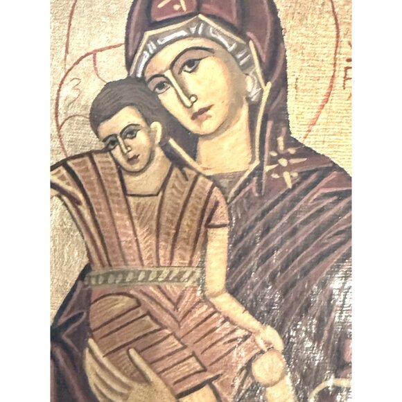 Painted Icon Gold Sheet Oil Cloth & Wood 10x6.5 inches Virgin Mary Jesus Christ - Picture 2 of 9